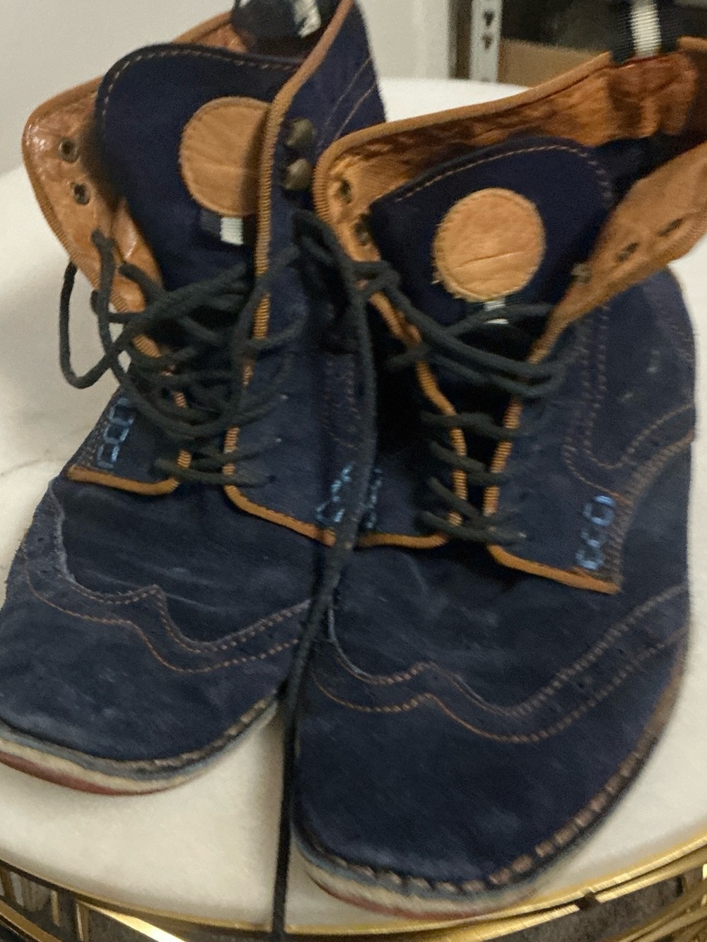 Steve Madden Navy Blue and Brown Men's Suede Lace-Up Boots